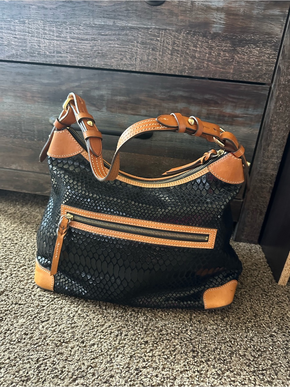 Dooney & Bourke Black Textured Hobo with Tan Leather Trim and Wristlet - Picture 3 of 13